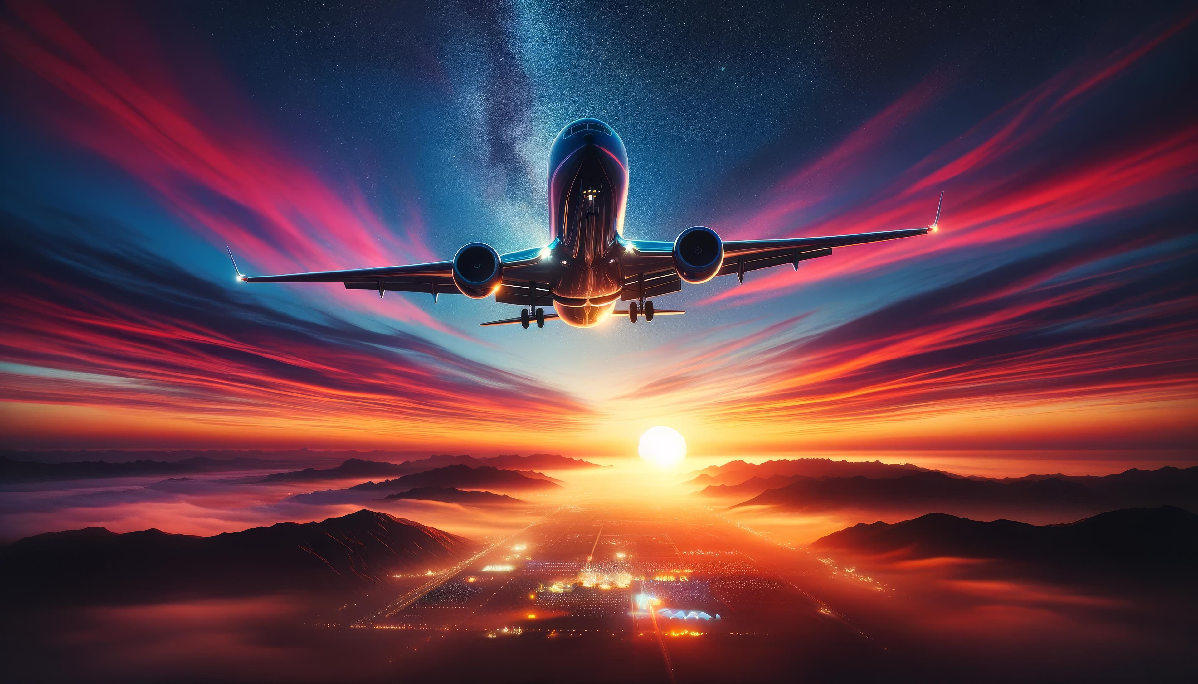 Airplane at sunset over a glowing festival cityscape